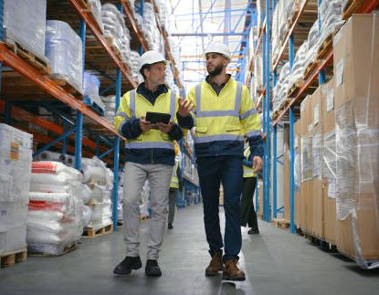 Beratung im Bereich Arbeitsschutz nach DGUV egal ob Unterweisung oder Schulung Zwei Männer in Sicherheitskleidung gehen durch ein Lagerhaus zwischen Regalen.